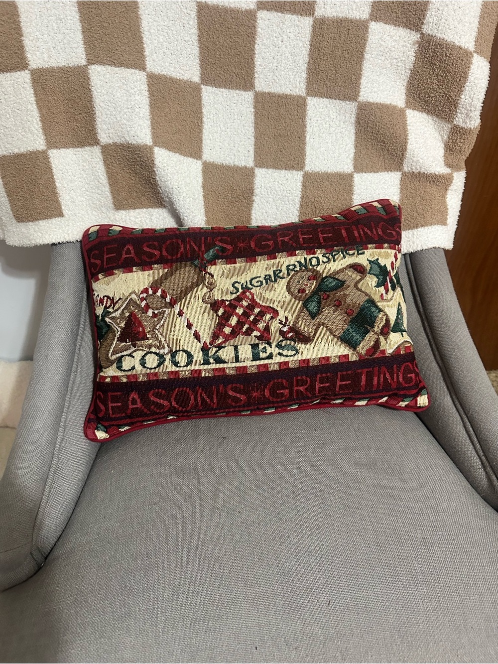 Vintage tapestry Season's Greetings Red Holiday Cookie Pillow